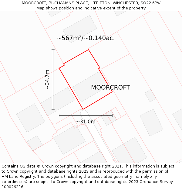 MOORCROFT, BUCHANANS PLACE, LITTLETON, WINCHESTER, SO22 6PW: Plot and title map