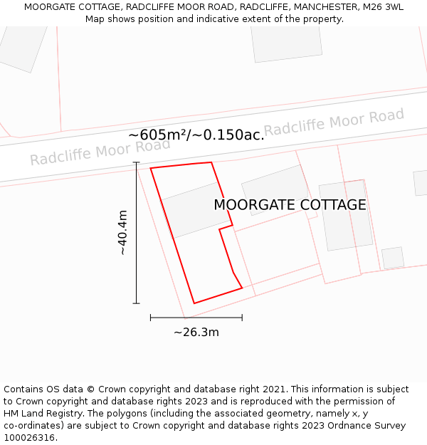 MOORGATE COTTAGE, RADCLIFFE MOOR ROAD, RADCLIFFE, MANCHESTER, M26 3WL: Plot and title map
