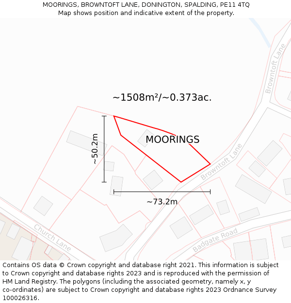 MOORINGS, BROWNTOFT LANE, DONINGTON, SPALDING, PE11 4TQ: Plot and title map