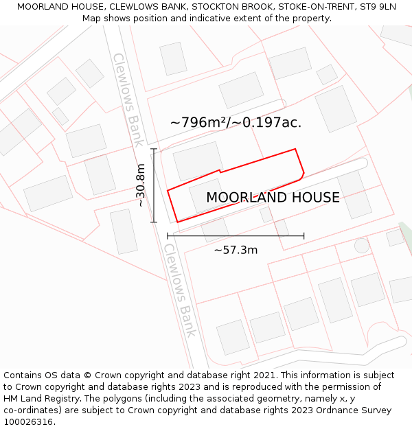 MOORLAND HOUSE, CLEWLOWS BANK, STOCKTON BROOK, STOKE-ON-TRENT, ST9 9LN: Plot and title map