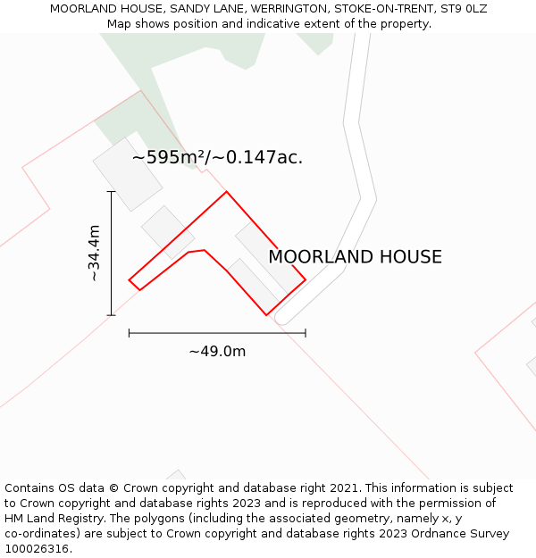 MOORLAND HOUSE, SANDY LANE, WERRINGTON, STOKE-ON-TRENT, ST9 0LZ: Plot and title map