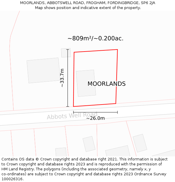 MOORLANDS, ABBOTSWELL ROAD, FROGHAM, FORDINGBRIDGE, SP6 2JA: Plot and title map