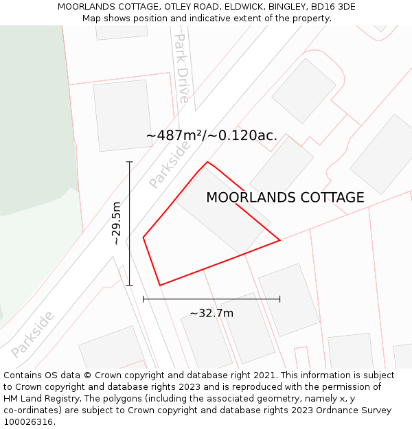 MOORLANDS COTTAGE, OTLEY ROAD, ELDWICK, BINGLEY, BD16 3DE: Plot and title map