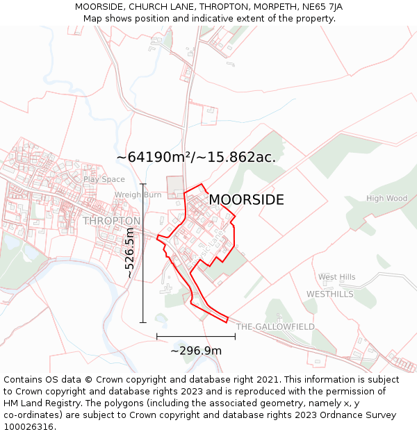 MOORSIDE, CHURCH LANE, THROPTON, MORPETH, NE65 7JA: Plot and title map