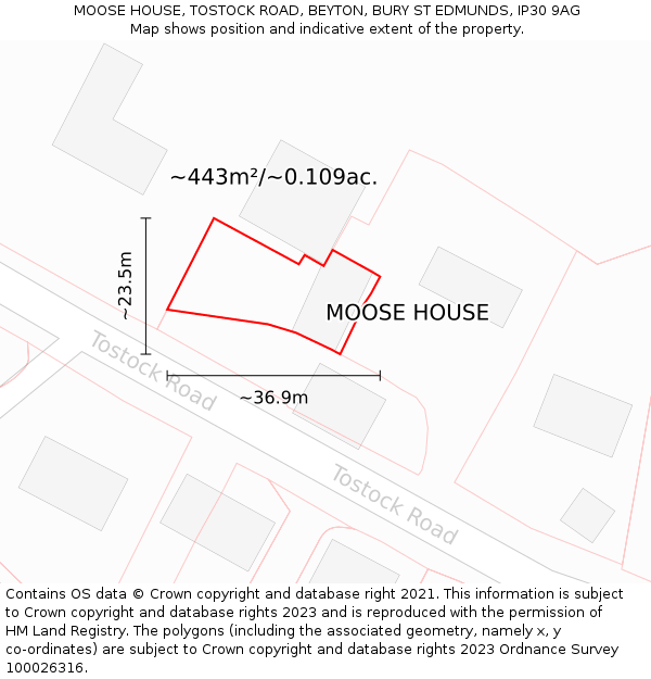 MOOSE HOUSE, TOSTOCK ROAD, BEYTON, BURY ST EDMUNDS, IP30 9AG: Plot and title map