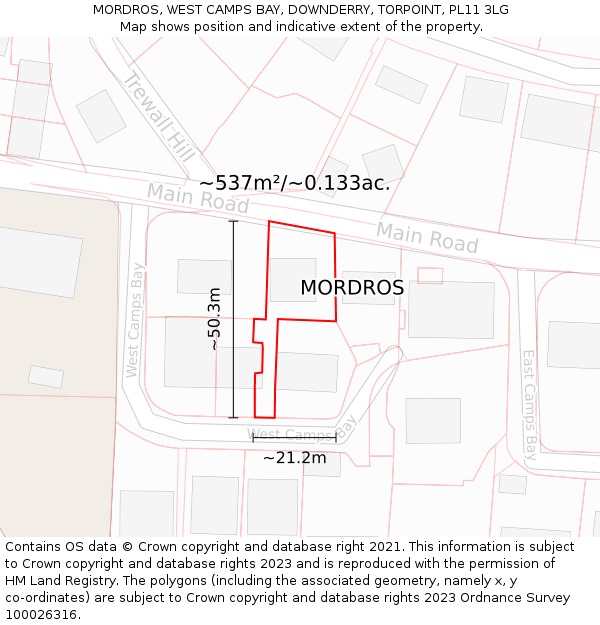 MORDROS, WEST CAMPS BAY, DOWNDERRY, TORPOINT, PL11 3LG: Plot and title map