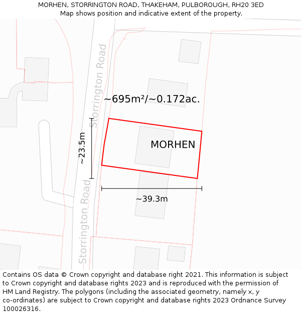 MORHEN, STORRINGTON ROAD, THAKEHAM, PULBOROUGH, RH20 3ED: Plot and title map