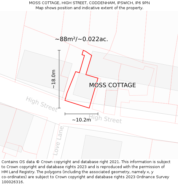 MOSS COTTAGE, HIGH STREET, CODDENHAM, IPSWICH, IP6 9PN: Plot and title map