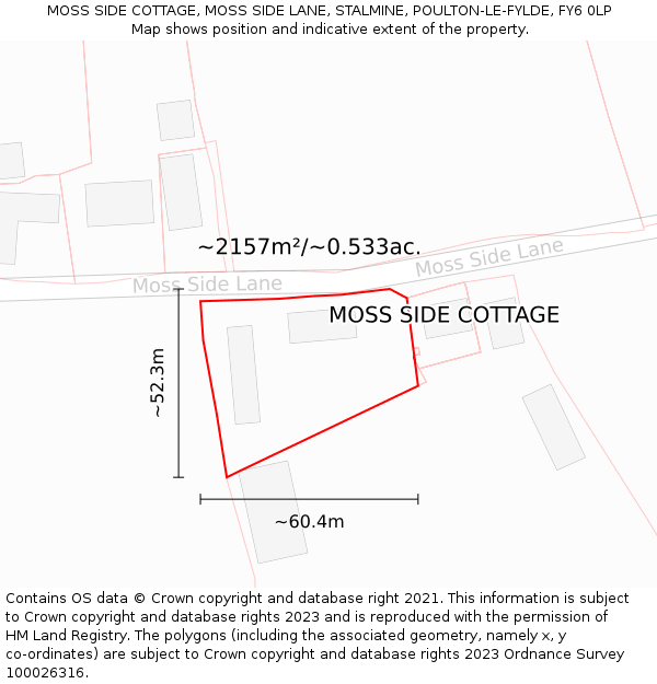 MOSS SIDE COTTAGE, MOSS SIDE LANE, STALMINE, POULTON-LE-FYLDE, FY6 0LP: Plot and title map