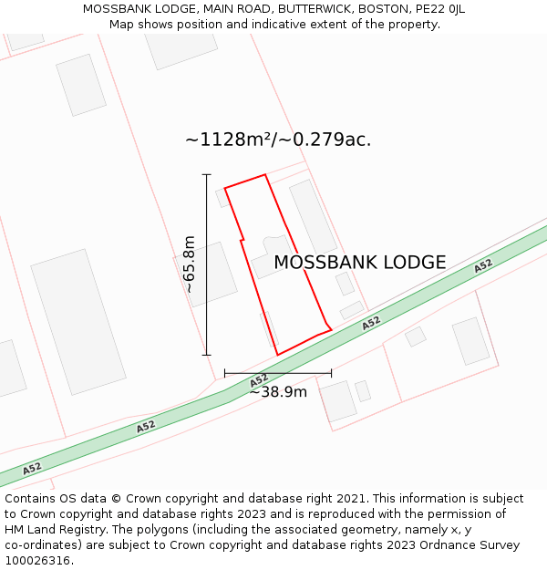 MOSSBANK LODGE, MAIN ROAD, BUTTERWICK, BOSTON, PE22 0JL: Plot and title map