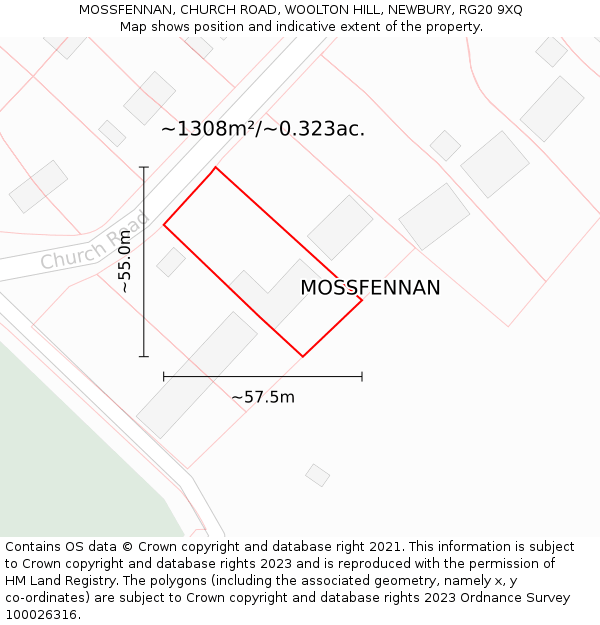 MOSSFENNAN, CHURCH ROAD, WOOLTON HILL, NEWBURY, RG20 9XQ: Plot and title map