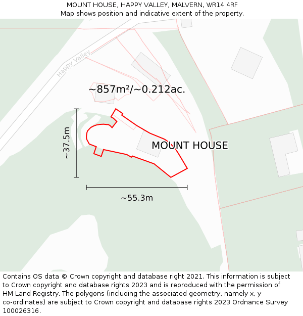 MOUNT HOUSE, HAPPY VALLEY, MALVERN, WR14 4RF: Plot and title map