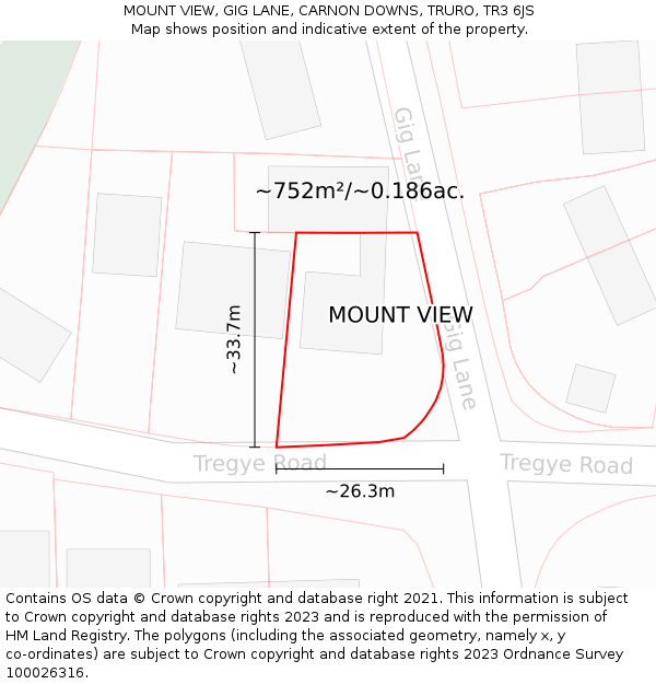 MOUNT VIEW, GIG LANE, CARNON DOWNS, TRURO, TR3 6JS: Plot and title map