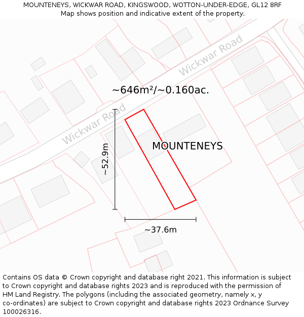 MOUNTENEYS, WICKWAR ROAD, KINGSWOOD, WOTTON-UNDER-EDGE, GL12 8RF: Plot and title map