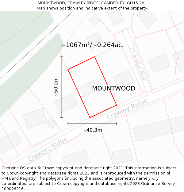 MOUNTWOOD, CRAWLEY RIDGE, CAMBERLEY, GU15 2AL: Plot and title map
