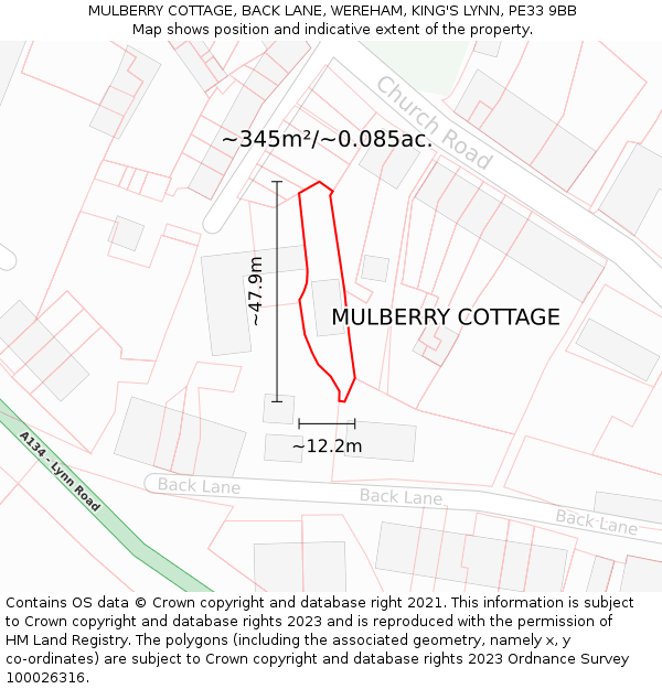 MULBERRY COTTAGE, BACK LANE, WEREHAM, KING'S LYNN, PE33 9BB: Plot and title map