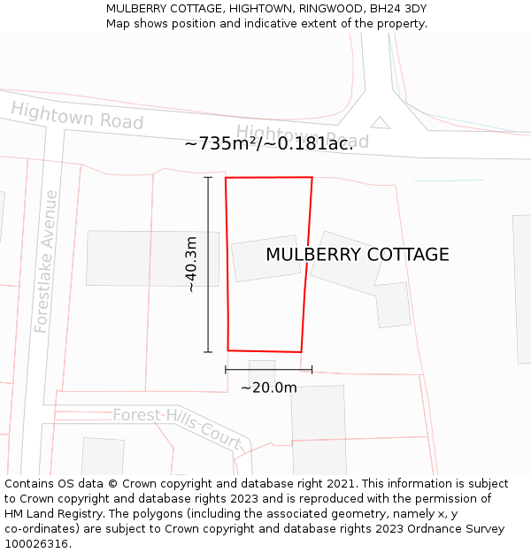 MULBERRY COTTAGE, HIGHTOWN, RINGWOOD, BH24 3DY: Plot and title map