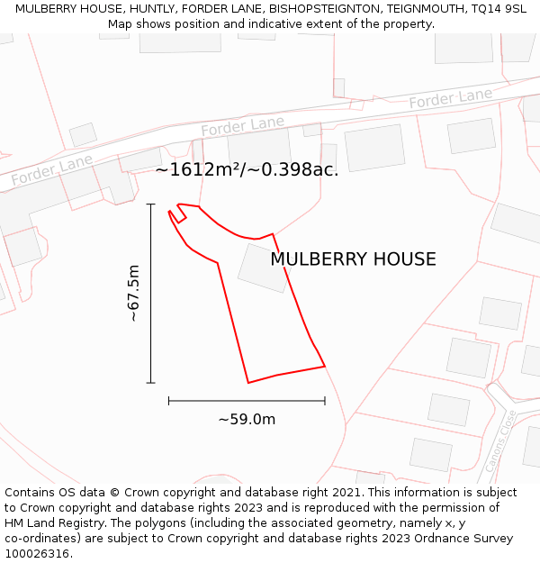 MULBERRY HOUSE, HUNTLY, FORDER LANE, BISHOPSTEIGNTON, TEIGNMOUTH, TQ14 9SL: Plot and title map