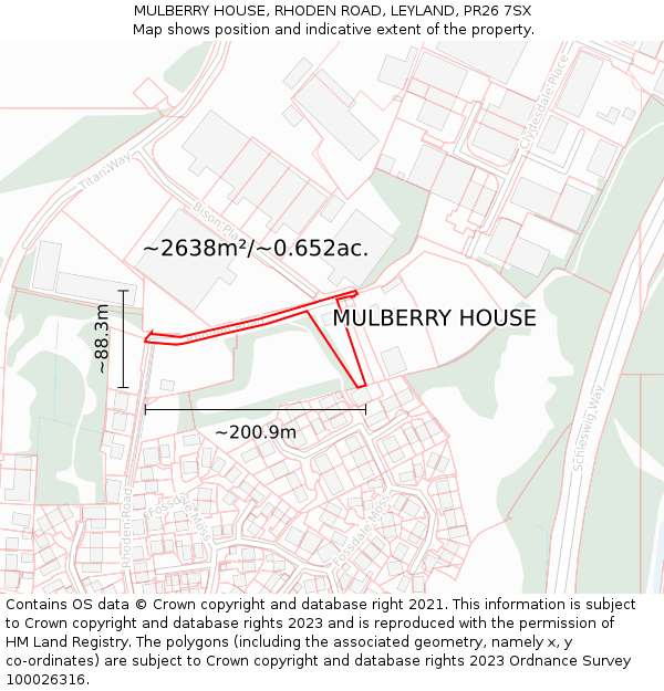 MULBERRY HOUSE, RHODEN ROAD, LEYLAND, PR26 7SX: Plot and title map