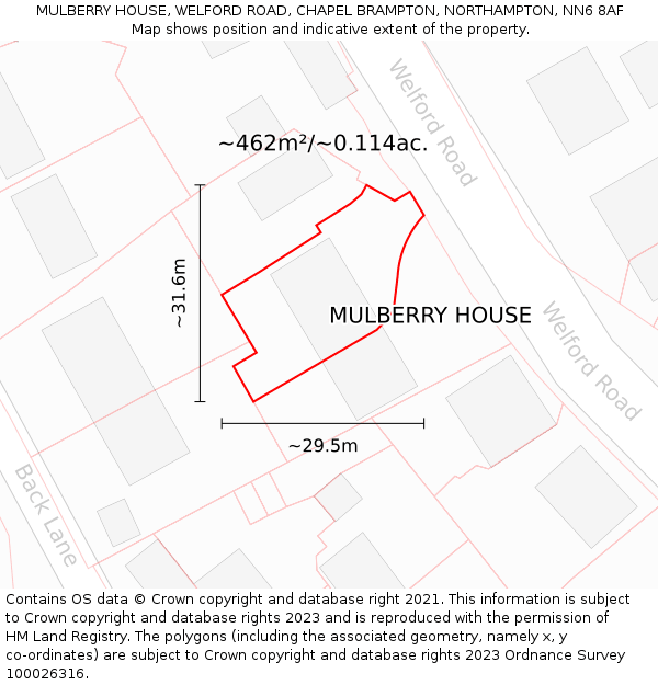 MULBERRY HOUSE, WELFORD ROAD, CHAPEL BRAMPTON, NORTHAMPTON, NN6 8AF: Plot and title map