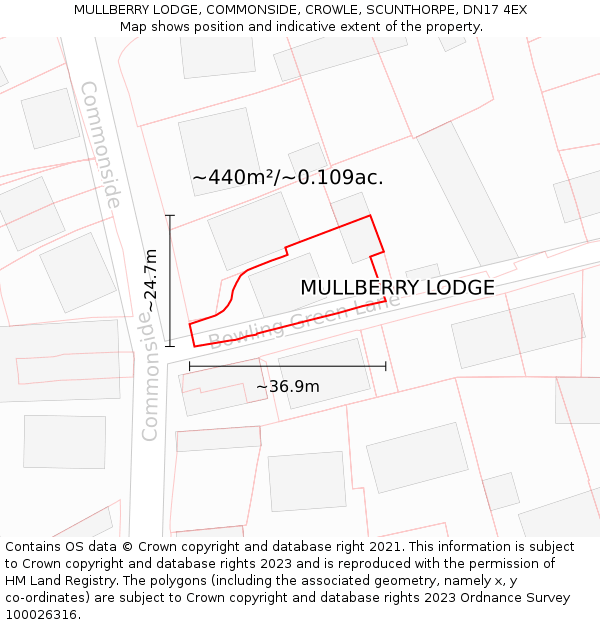 MULLBERRY LODGE, COMMONSIDE, CROWLE, SCUNTHORPE, DN17 4EX: Plot and title map