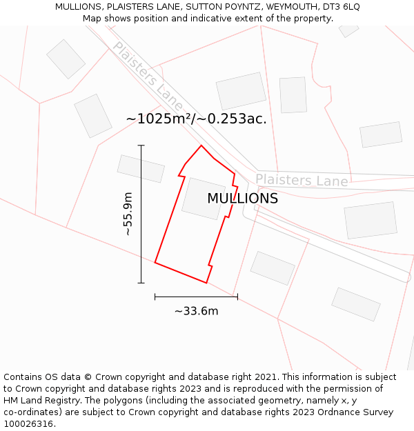 MULLIONS, PLAISTERS LANE, SUTTON POYNTZ, WEYMOUTH, DT3 6LQ: Plot and title map