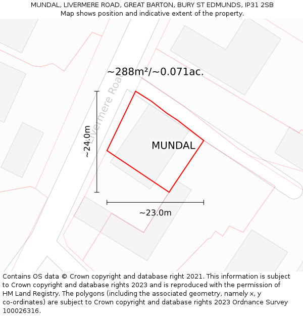 MUNDAL, LIVERMERE ROAD, GREAT BARTON, BURY ST EDMUNDS, IP31 2SB: Plot and title map