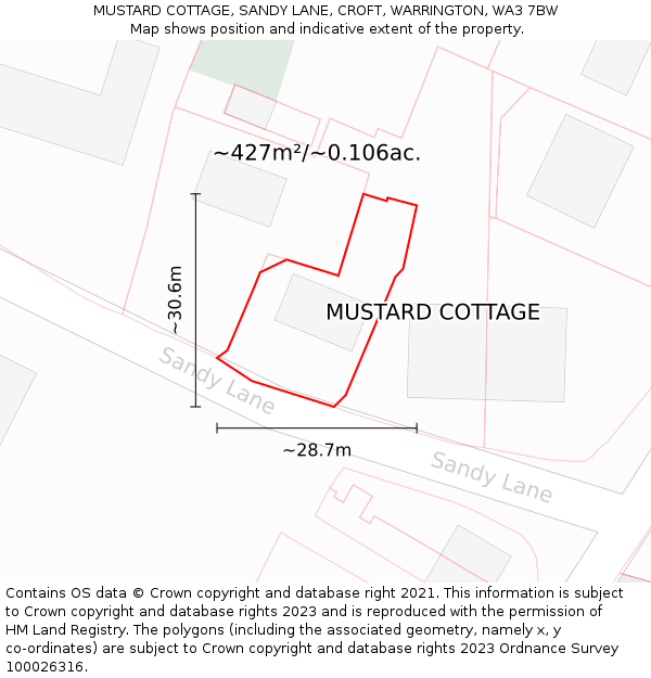 MUSTARD COTTAGE, SANDY LANE, CROFT, WARRINGTON, WA3 7BW: Plot and title map