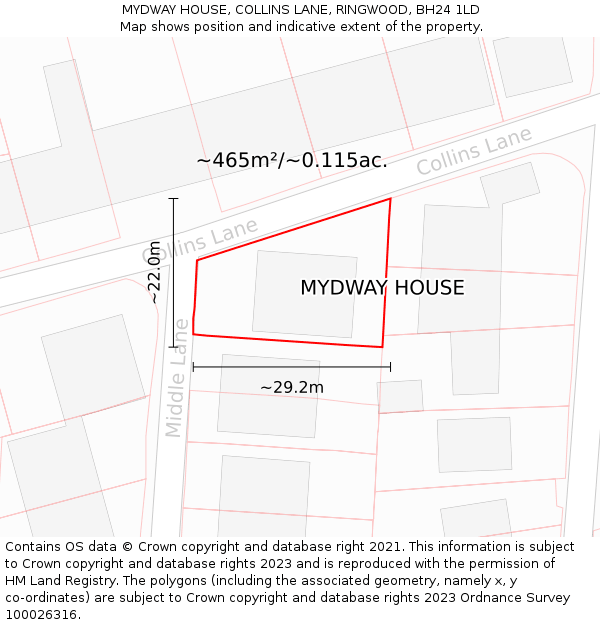 MYDWAY HOUSE, COLLINS LANE, RINGWOOD, BH24 1LD: Plot and title map