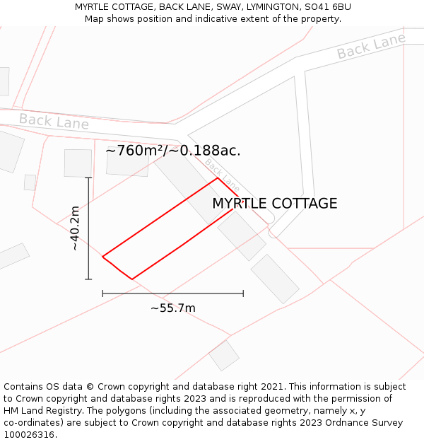 MYRTLE COTTAGE, BACK LANE, SWAY, LYMINGTON, SO41 6BU: Plot and title map