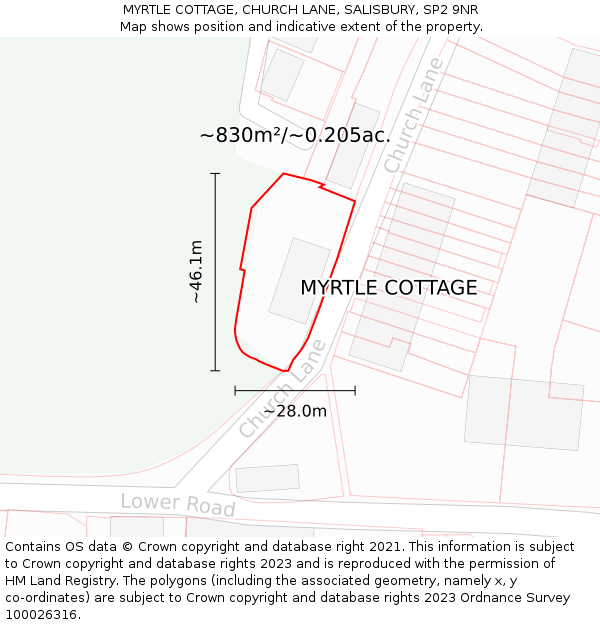 MYRTLE COTTAGE, CHURCH LANE, SALISBURY, SP2 9NR: Plot and title map