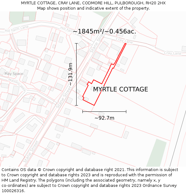 MYRTLE COTTAGE, CRAY LANE, CODMORE HILL, PULBOROUGH, RH20 2HX: Plot and title map