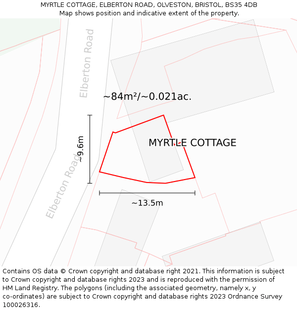 MYRTLE COTTAGE, ELBERTON ROAD, OLVESTON, BRISTOL, BS35 4DB: Plot and title map