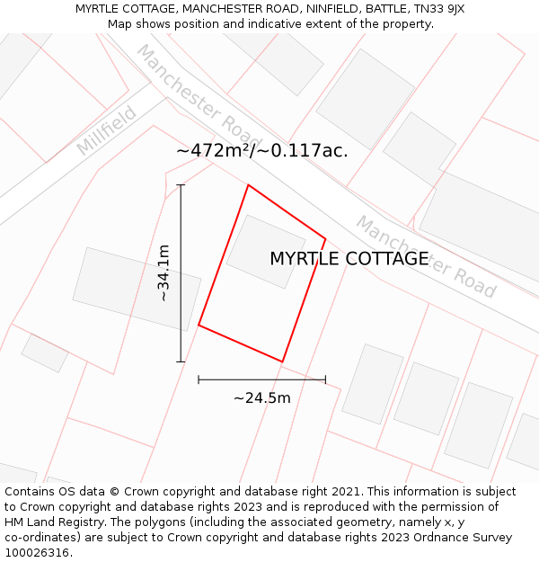 MYRTLE COTTAGE, MANCHESTER ROAD, NINFIELD, BATTLE, TN33 9JX: Plot and title map