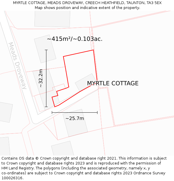 MYRTLE COTTAGE, MEADS DROVEWAY, CREECH HEATHFIELD, TAUNTON, TA3 5EX: Plot and title map