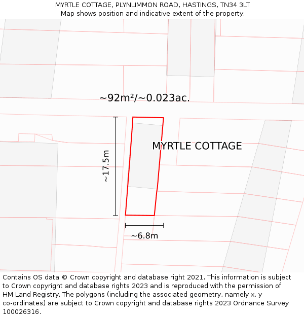 MYRTLE COTTAGE, PLYNLIMMON ROAD, HASTINGS, TN34 3LT: Plot and title map