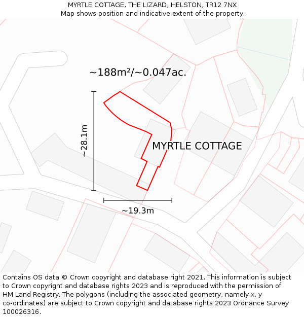 MYRTLE COTTAGE, THE LIZARD, HELSTON, TR12 7NX: Plot and title map