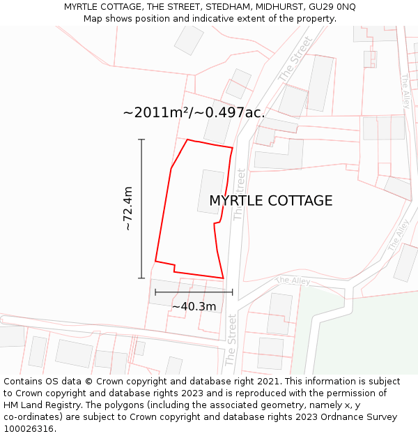 MYRTLE COTTAGE, THE STREET, STEDHAM, MIDHURST, GU29 0NQ: Plot and title map