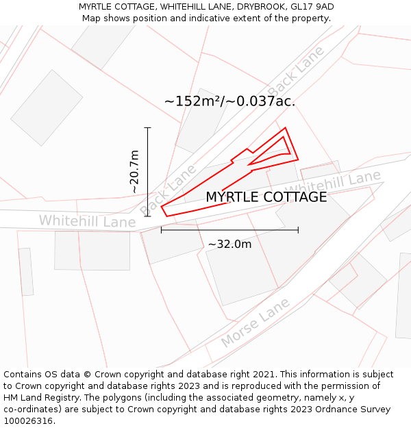 MYRTLE COTTAGE, WHITEHILL LANE, DRYBROOK, GL17 9AD: Plot and title map