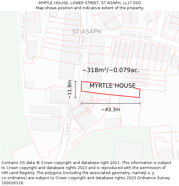 MYRTLE HOUSE, LOWER STREET, ST ASAPH, LL17 0SG: Plot and title map