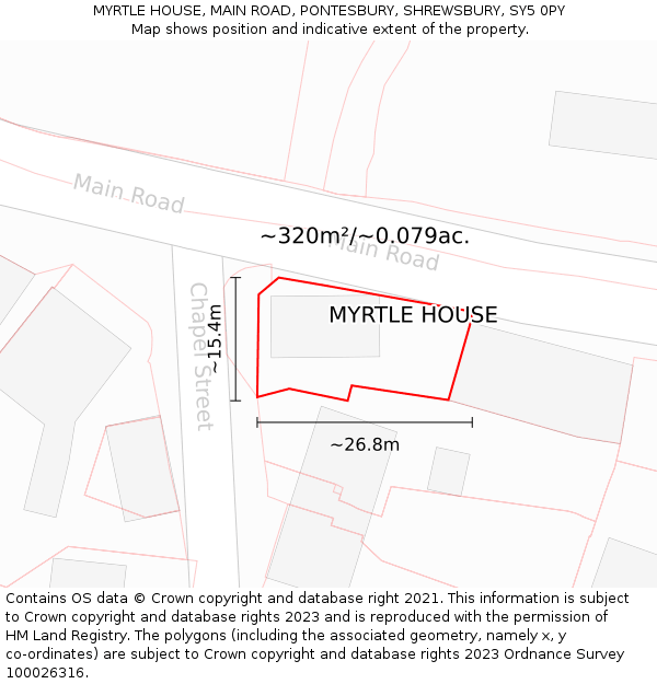 MYRTLE HOUSE, MAIN ROAD, PONTESBURY, SHREWSBURY, SY5 0PY: Plot and title map
