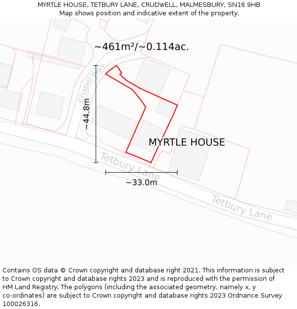 MYRTLE HOUSE, TETBURY LANE, CRUDWELL, MALMESBURY, SN16 9HB: Plot and title map