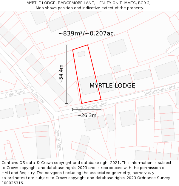 MYRTLE LODGE, BADGEMORE LANE, HENLEY-ON-THAMES, RG9 2JH: Plot and title map