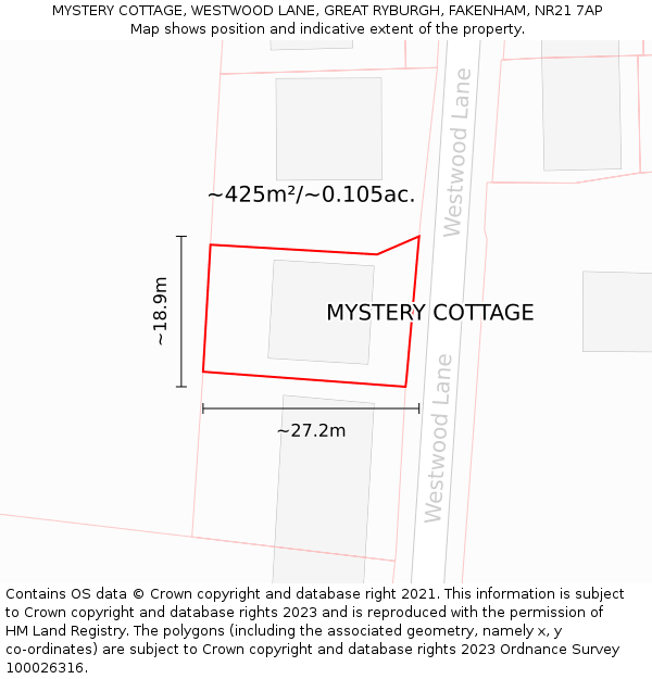 MYSTERY COTTAGE, WESTWOOD LANE, GREAT RYBURGH, FAKENHAM, NR21 7AP: Plot and title map