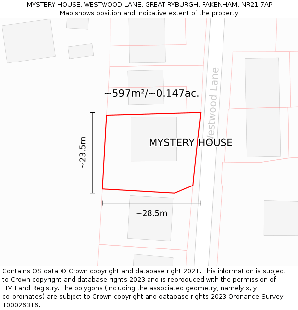 MYSTERY HOUSE, WESTWOOD LANE, GREAT RYBURGH, FAKENHAM, NR21 7AP: Plot and title map