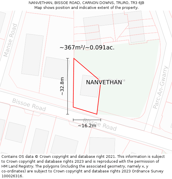 NANVETHAN, BISSOE ROAD, CARNON DOWNS, TRURO, TR3 6JB: Plot and title map