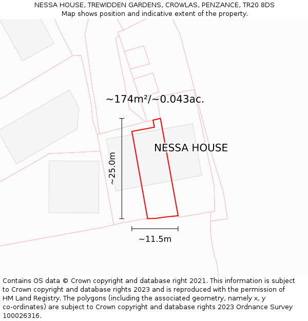 NESSA HOUSE, TREWIDDEN GARDENS, CROWLAS, PENZANCE, TR20 8DS: Plot and title map