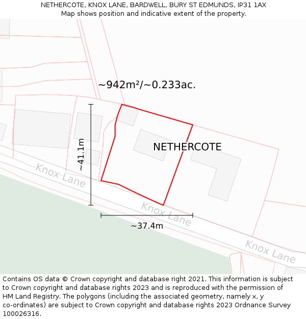 NETHERCOTE, KNOX LANE, BARDWELL, BURY ST EDMUNDS, IP31 1AX: Plot and title map