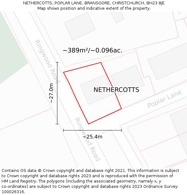 NETHERCOTTS, POPLAR LANE, BRANSGORE, CHRISTCHURCH, BH23 8JE: Plot and title map