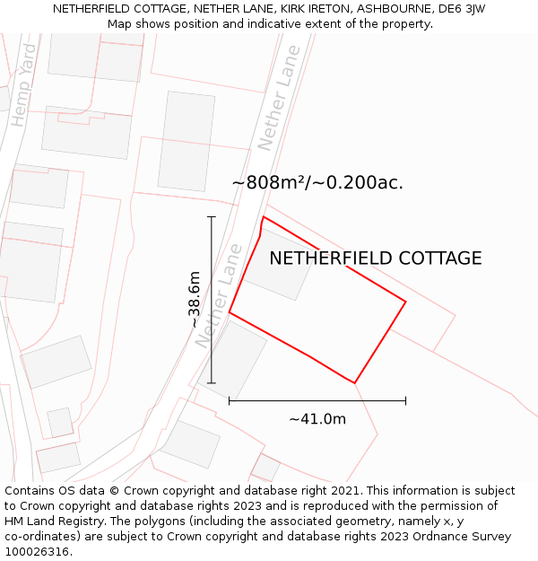 NETHERFIELD COTTAGE, NETHER LANE, KIRK IRETON, ASHBOURNE, DE6 3JW: Plot and title map